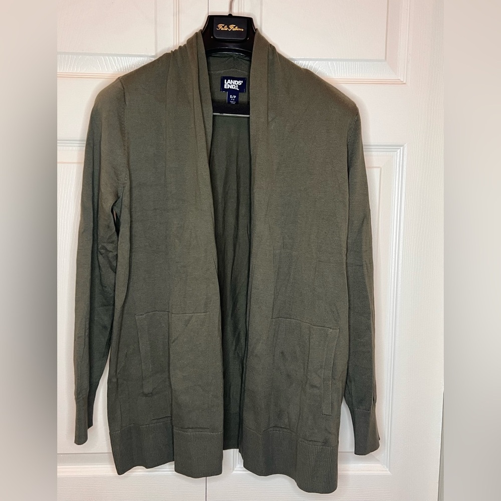 Lands' End women’s long sleeve open long cardigan sweater s/p green NWOT